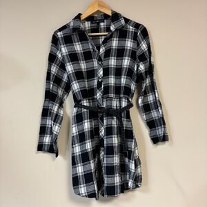 Country Western Plaid Shirt Dress Women's Large Flannel Braided Belt Preppy Cute